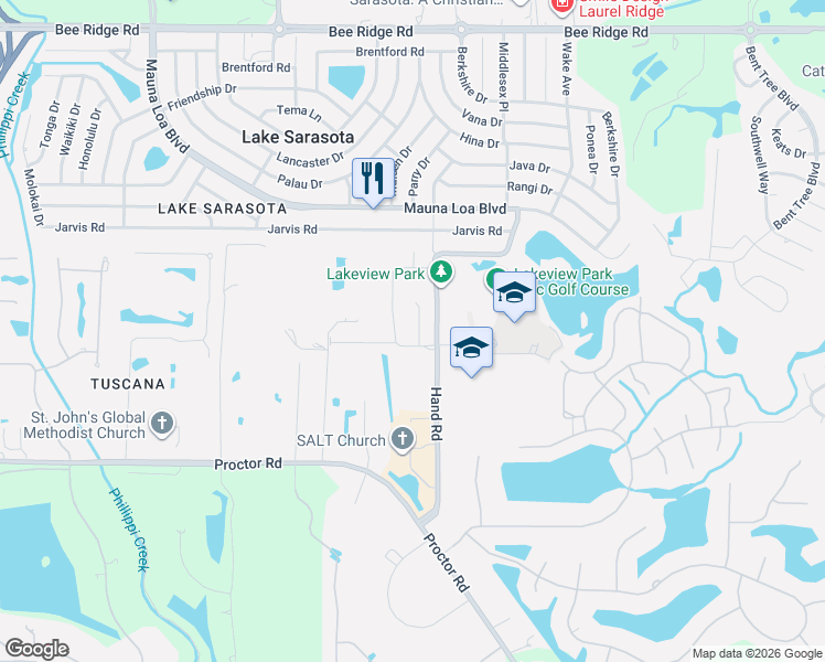 map of restaurants, bars, coffee shops, grocery stores, and more near 4520 Lago Way in Sarasota