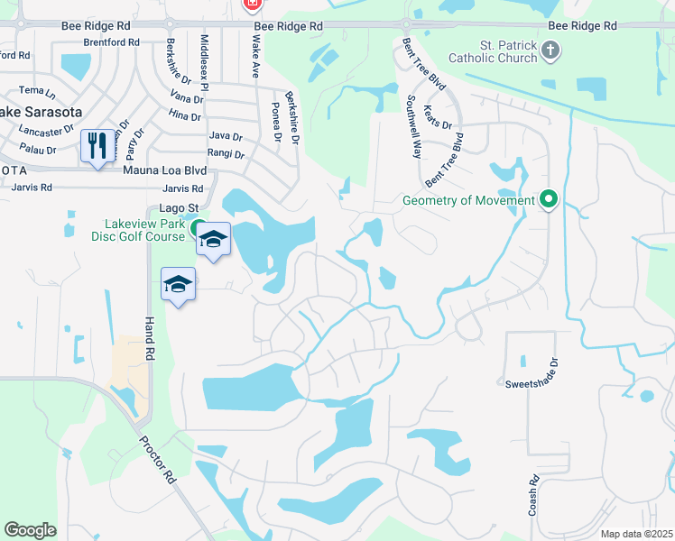 map of restaurants, bars, coffee shops, grocery stores, and more near 4548 Forest Wood Trail in Sarasota