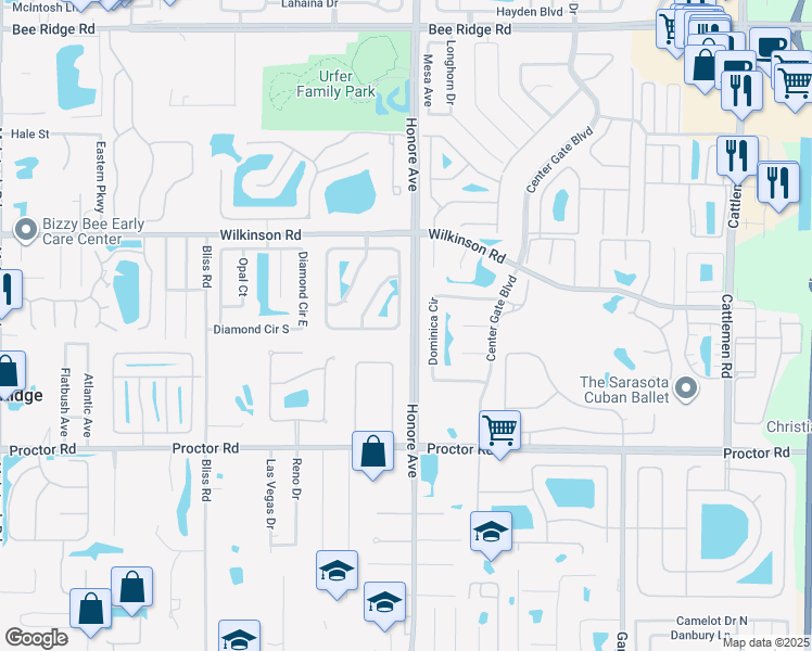 map of restaurants, bars, coffee shops, grocery stores, and more near 5224 Sunnydale Circle East in Sarasota
