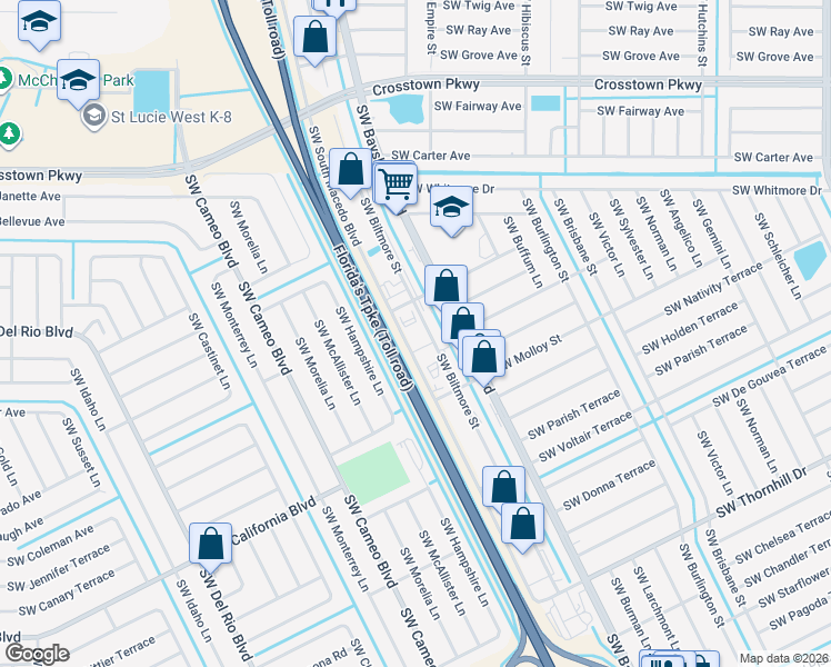 map of restaurants, bars, coffee shops, grocery stores, and more near 1745 Southwest South Macedo Boulevard in Port St. Lucie