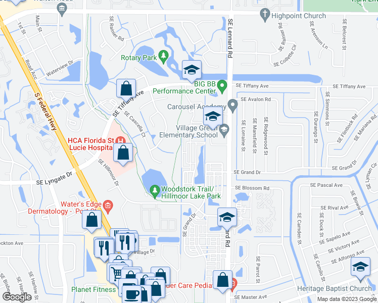 map of restaurants, bars, coffee shops, grocery stores, and more near 2534 Southeast Pineland Drive in Port Saint Lucie