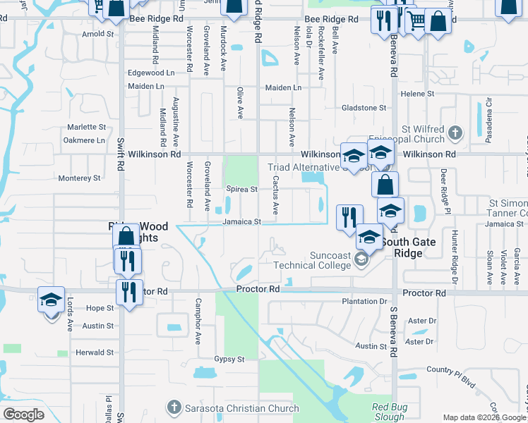 map of restaurants, bars, coffee shops, grocery stores, and more near 4550 South Lockwood Ridge Road in Sarasota