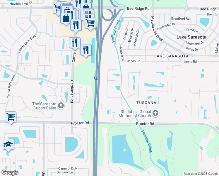 map of restaurants, bars, coffee shops, grocery stores, and more near 4639 Baycedar Lane in Sarasota
