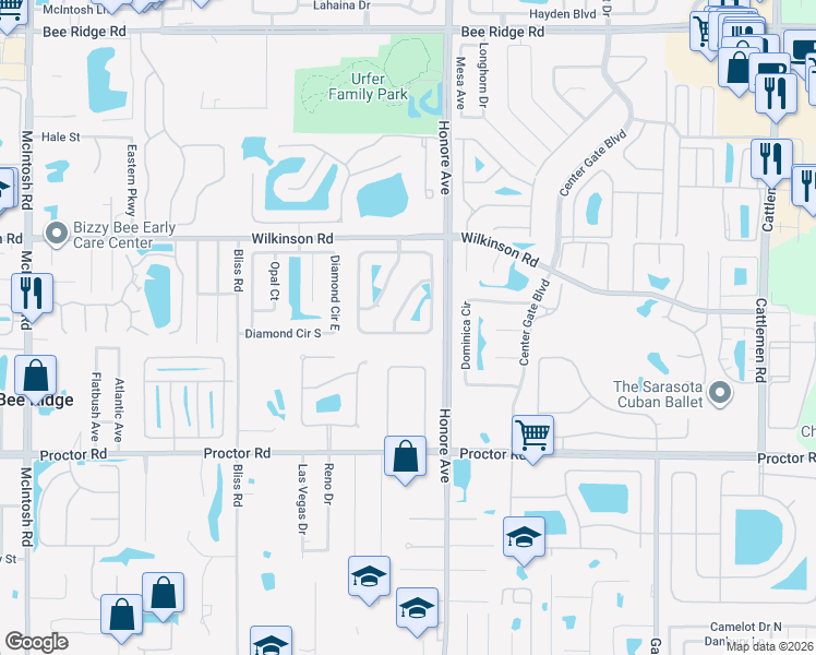 map of restaurants, bars, coffee shops, grocery stores, and more near 5224 Sunnydale Circle East in Sarasota