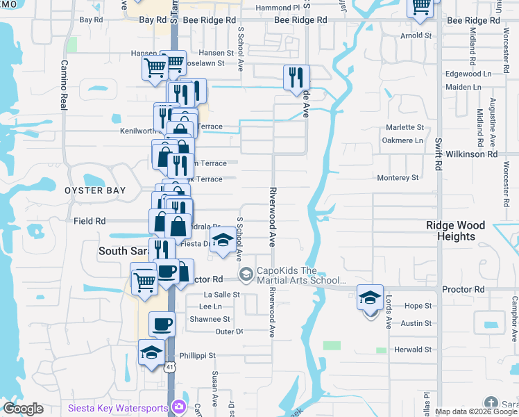 map of restaurants, bars, coffee shops, grocery stores, and more near 2305 Sandrala Drive in Sarasota