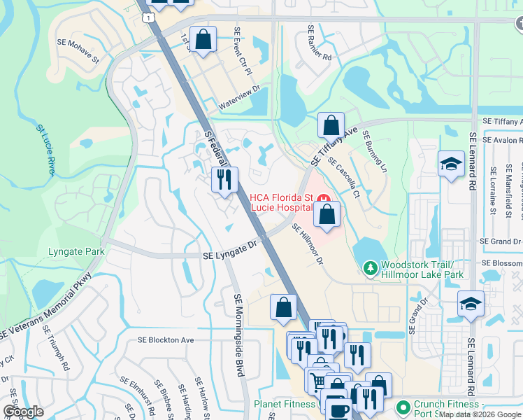 map of restaurants, bars, coffee shops, grocery stores, and more near 1542 Southeast Royal Green Circle in Port St. Lucie