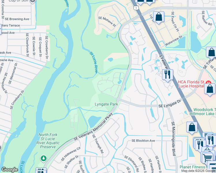map of restaurants, bars, coffee shops, grocery stores, and more near 1738 Southeast Linpark Court in Port St. Lucie