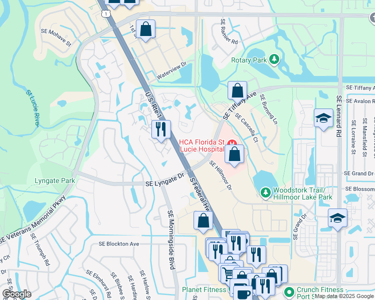 map of restaurants, bars, coffee shops, grocery stores, and more near 1544 Southeast Royal Green Circle in Port St. Lucie