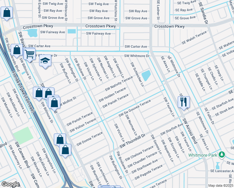 map of restaurants, bars, coffee shops, grocery stores, and more near 238 Southwest Holden Terrace in Port St. Lucie