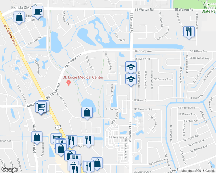 map of restaurants, bars, coffee shops, grocery stores, and more near 2558 Southeast Pineland Drive in Port Saint Lucie