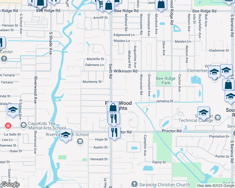 map of restaurants, bars, coffee shops, grocery stores, and more near 2835 Trinidad Street in Sarasota