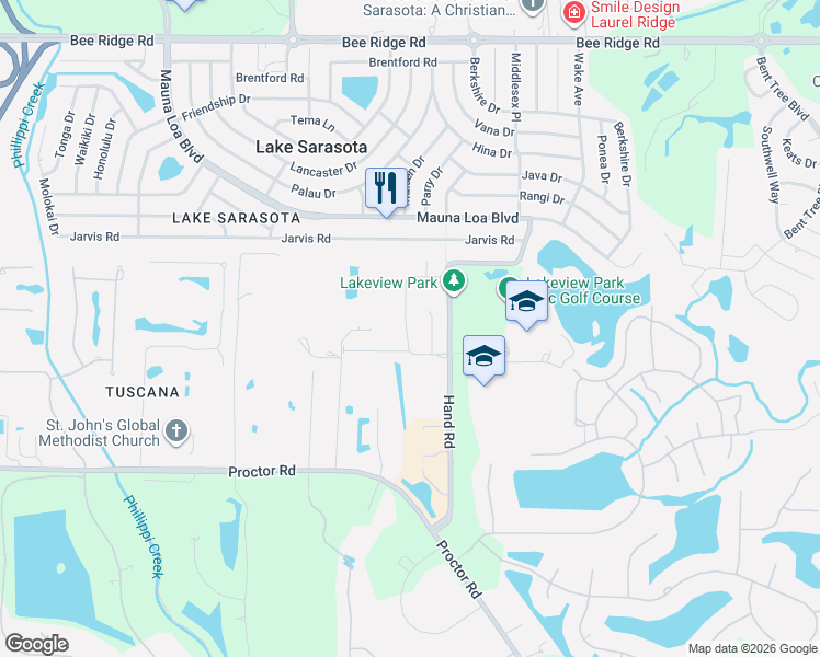 map of restaurants, bars, coffee shops, grocery stores, and more near 4520 Lago Way in Sarasota