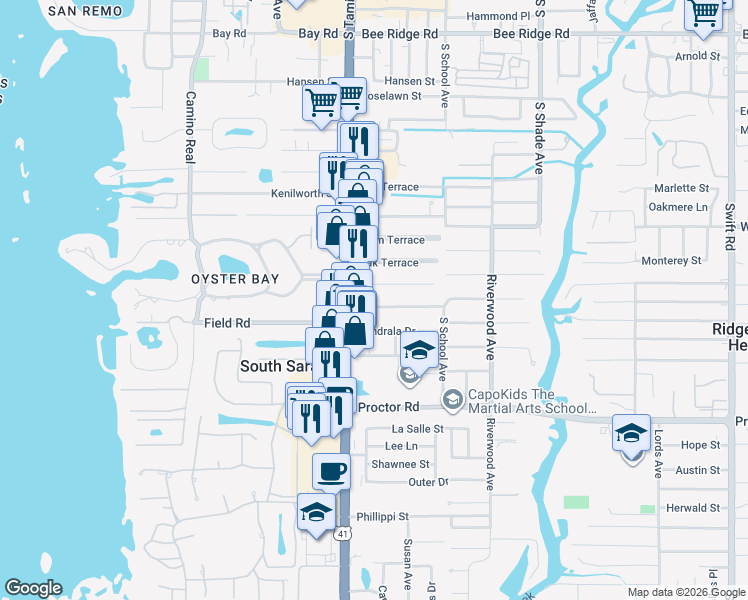map of restaurants, bars, coffee shops, grocery stores, and more near 2015 Sandrala Drive in Sarasota
