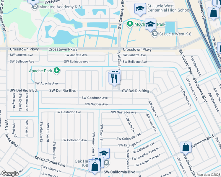 map of restaurants, bars, coffee shops, grocery stores, and more near 1314 Southwest Del Rio Boulevard in Port St. Lucie
