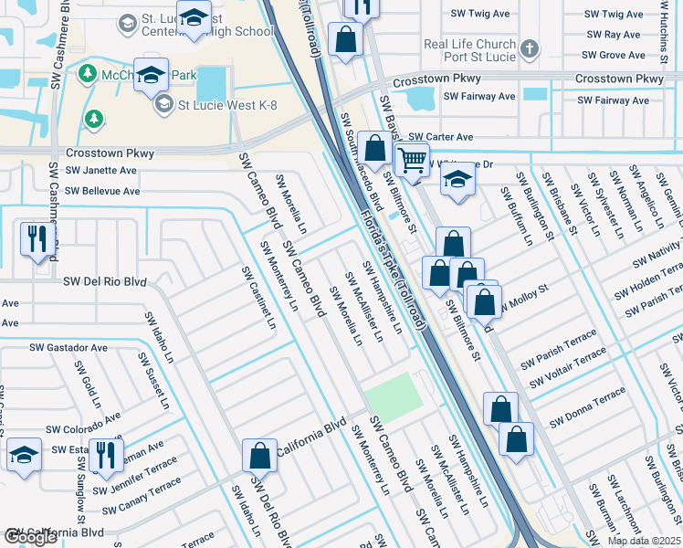 map of restaurants, bars, coffee shops, grocery stores, and more near 1734 Southwest McAllister Lane in Port Saint Lucie