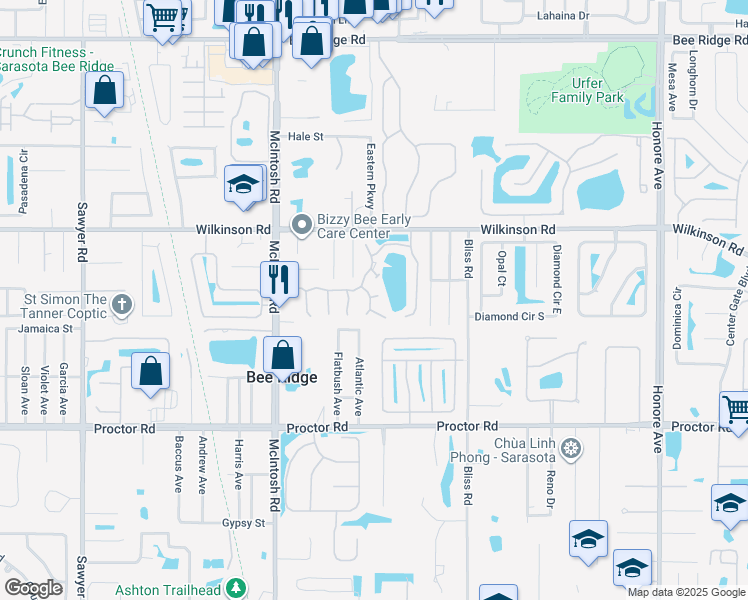 map of restaurants, bars, coffee shops, grocery stores, and more near 4589 Tippecanoe Trail in Sarasota