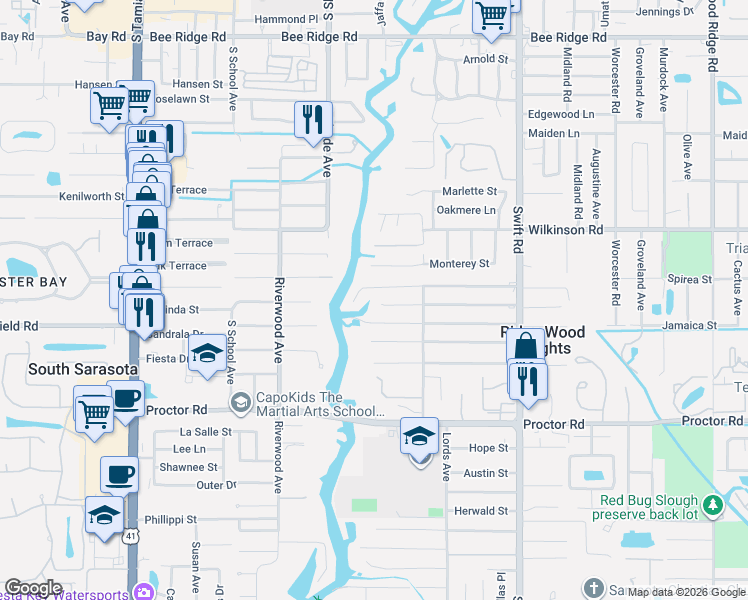 map of restaurants, bars, coffee shops, grocery stores, and more near 2425 Nassau Street in Sarasota