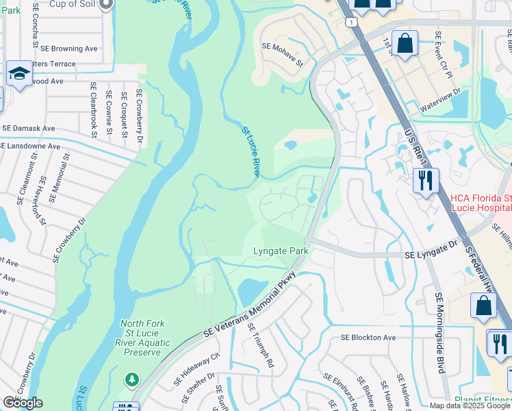 map of restaurants, bars, coffee shops, grocery stores, and more near 1386 Southeast Rivergreen Circle in Port St. Lucie