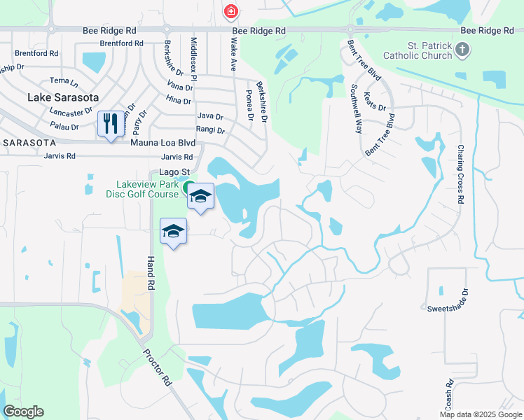 map of restaurants, bars, coffee shops, grocery stores, and more near 7475 Oak Moss Drive in Sarasota