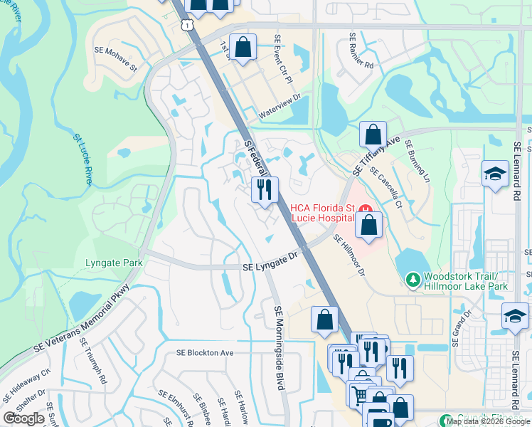 map of restaurants, bars, coffee shops, grocery stores, and more near 1676 Southeast Green Acres Circle in Port St. Lucie