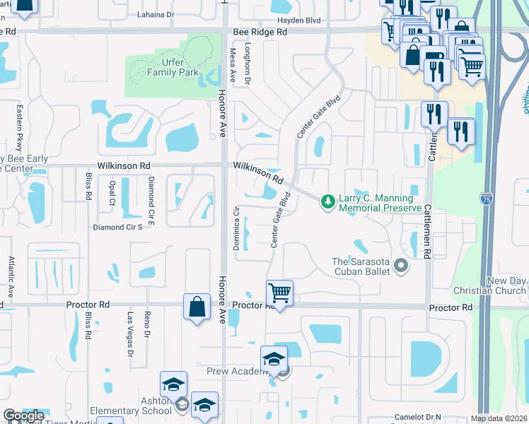 map of restaurants, bars, coffee shops, grocery stores, and more near 5456 Dominica Circle in Sarasota