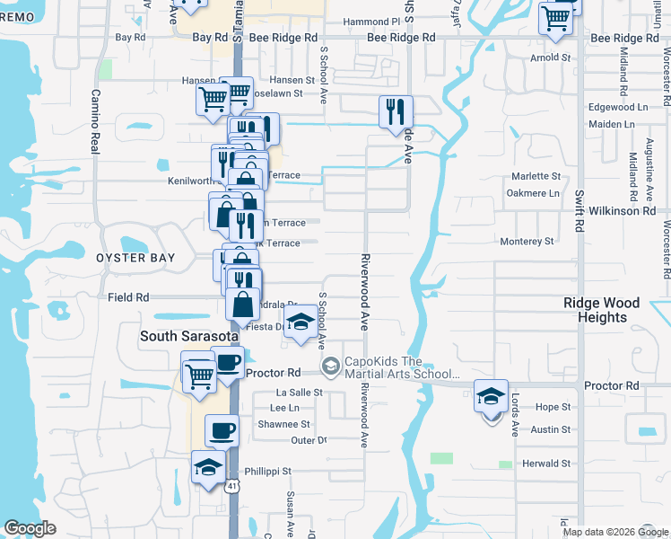 map of restaurants, bars, coffee shops, grocery stores, and more near 2226 Pine Terrace in Sarasota