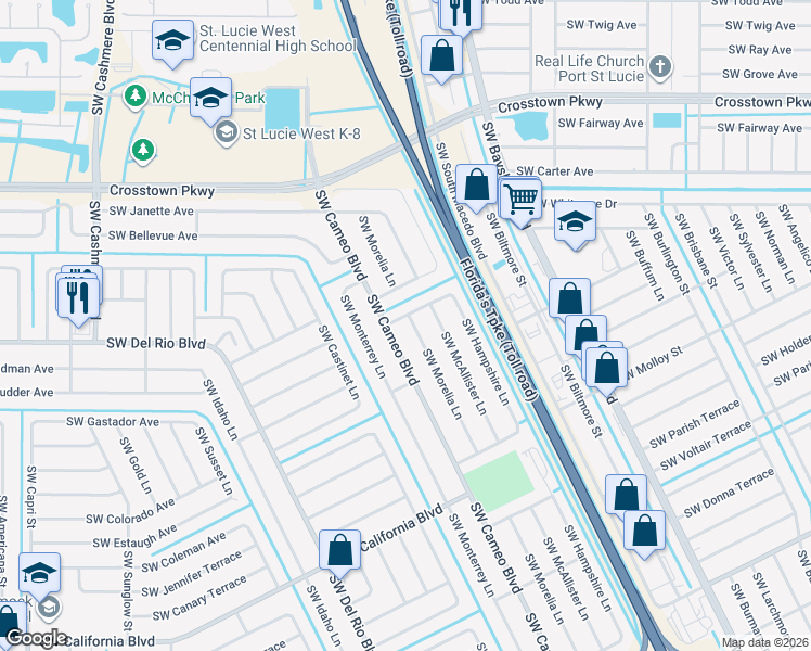map of restaurants, bars, coffee shops, grocery stores, and more near 1712 Southwest Morelia Lane in Port Saint Lucie