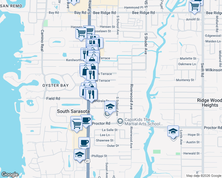 map of restaurants, bars, coffee shops, grocery stores, and more near 2130 Pine Terrace in Sarasota