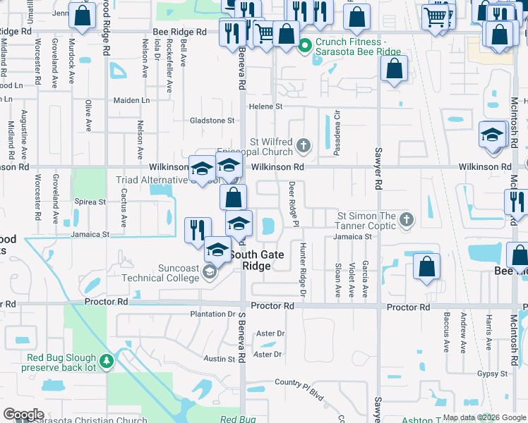 map of restaurants, bars, coffee shops, grocery stores, and more near 3630 Glen Ridge Lane in Sarasota