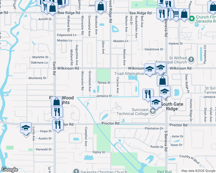 map of restaurants, bars, coffee shops, grocery stores, and more near 4502 South Lockwood Ridge Road in Sarasota