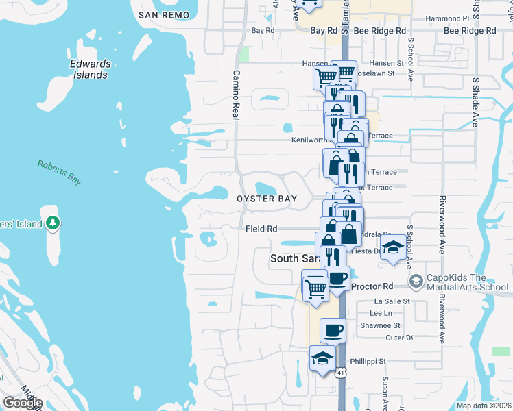 map of restaurants, bars, coffee shops, grocery stores, and more near 1521 South Lake Shore Drive in Sarasota