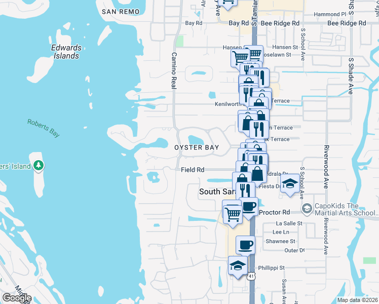 map of restaurants, bars, coffee shops, grocery stores, and more near 1521 South Lake Shore Drive in Sarasota