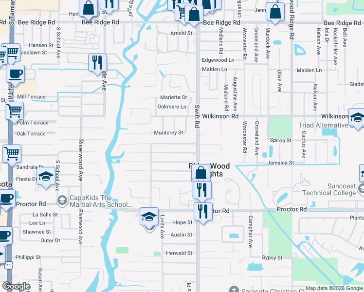 map of restaurants, bars, coffee shops, grocery stores, and more near 2712 Nassau Street in Sarasota