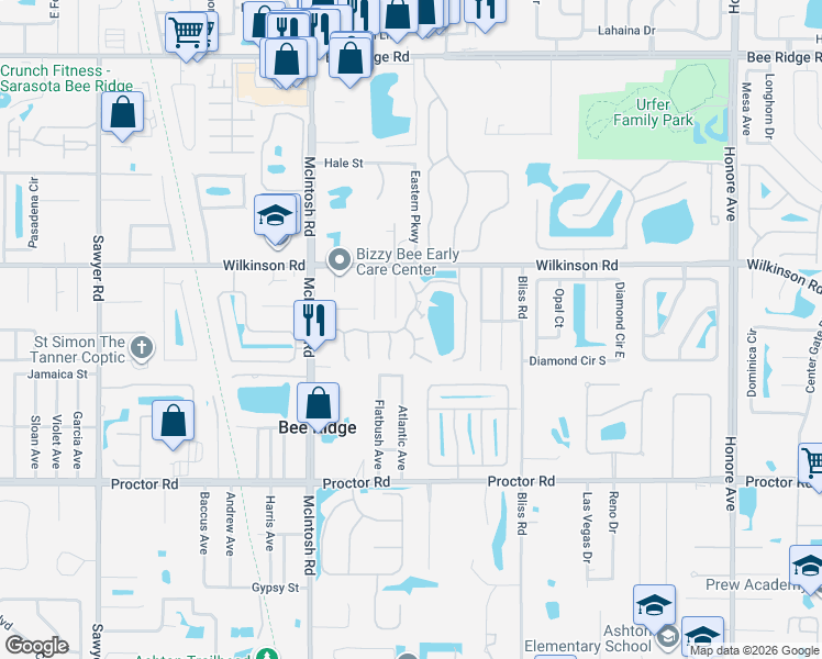 map of restaurants, bars, coffee shops, grocery stores, and more near 4589 Tippecanoe Trail in Sarasota