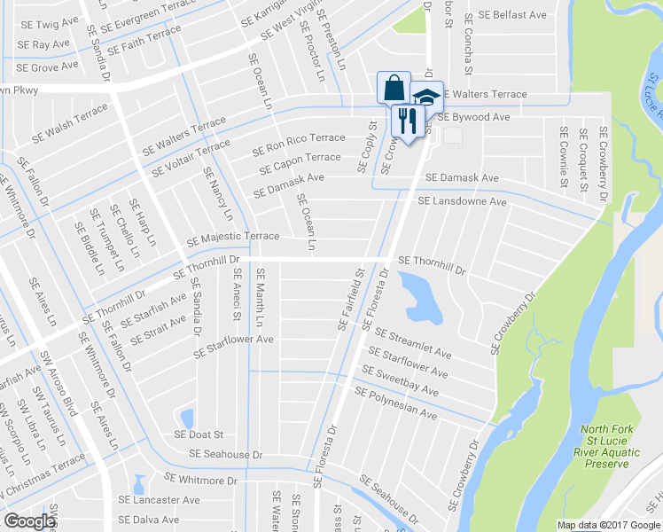 map of restaurants, bars, coffee shops, grocery stores, and more near 732 Southeast Thornhill Drive in Port St. Lucie
