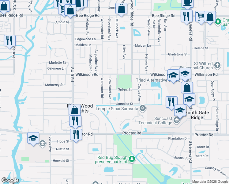 map of restaurants, bars, coffee shops, grocery stores, and more near 4511 Groveland Avenue in Sarasota