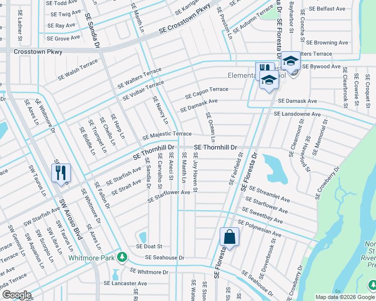 map of restaurants, bars, coffee shops, grocery stores, and more near 614 Southeast Thornhill Drive in Port St. Lucie
