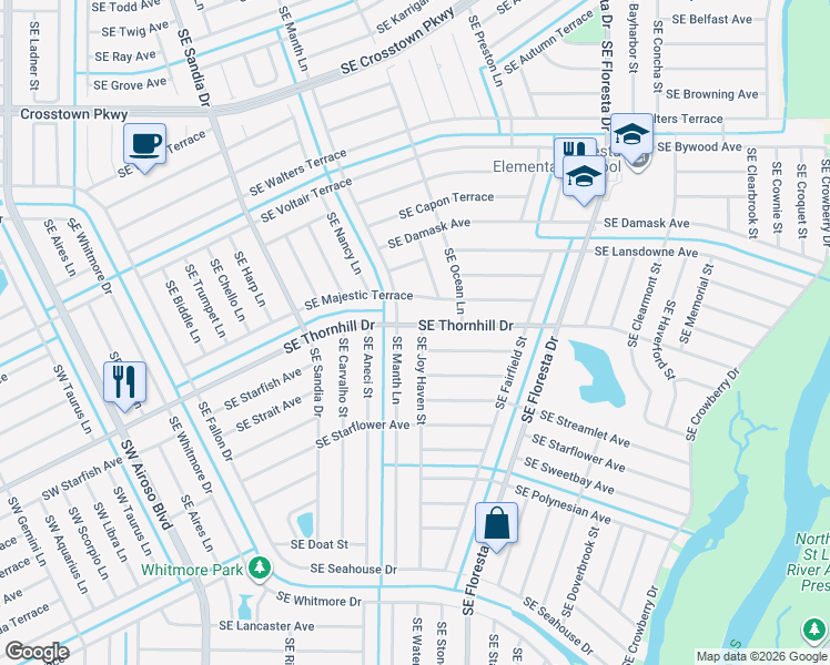 map of restaurants, bars, coffee shops, grocery stores, and more near 614 Southeast Thornhill Drive in Port St. Lucie