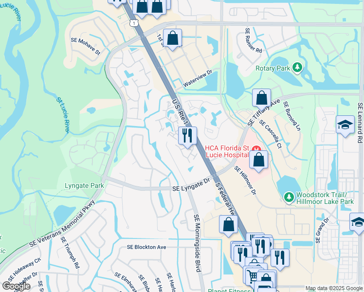 map of restaurants, bars, coffee shops, grocery stores, and more near 1688 Southeast Green Acres Circle in Port St. Lucie