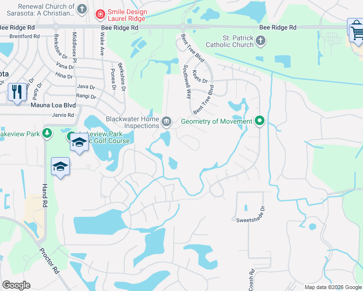map of restaurants, bars, coffee shops, grocery stores, and more near 4316 Brandywine Drive in Sarasota