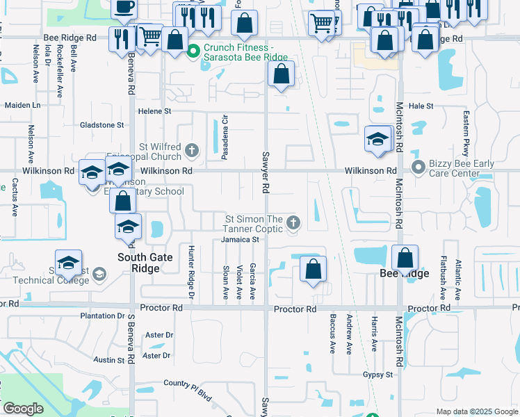 map of restaurants, bars, coffee shops, grocery stores, and more near 4458 Sawyer Road in Sarasota