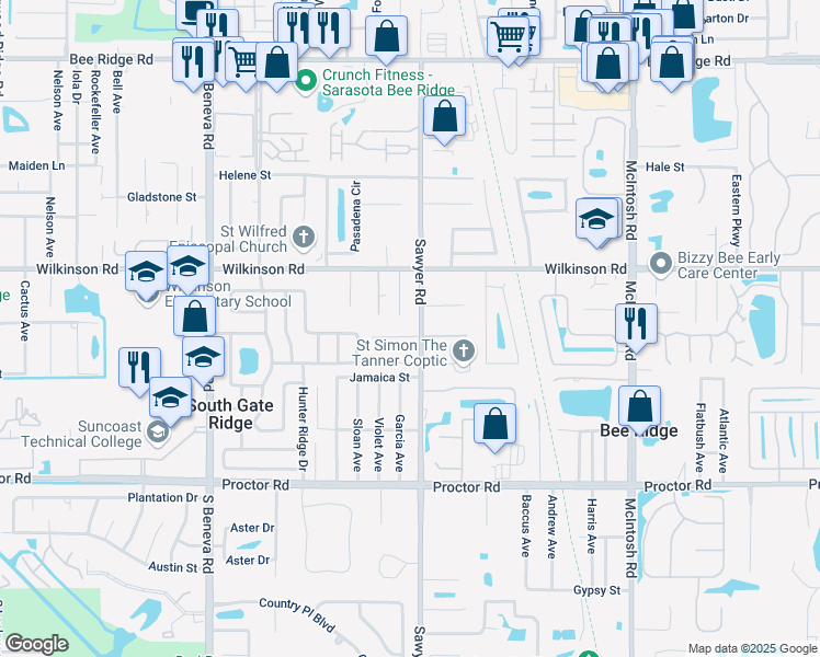map of restaurants, bars, coffee shops, grocery stores, and more near 4458 Sawyer Road in Sarasota