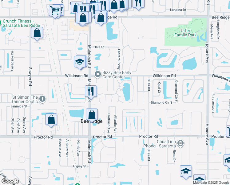 map of restaurants, bars, coffee shops, grocery stores, and more near 4589 Tippecanoe Trail in Sarasota