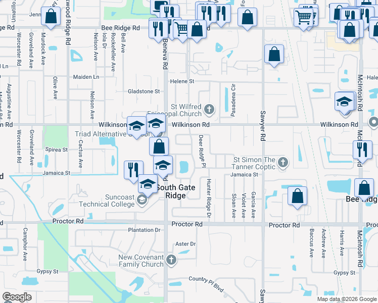 map of restaurants, bars, coffee shops, grocery stores, and more near 3649 Glen Ridge Lane in Sarasota