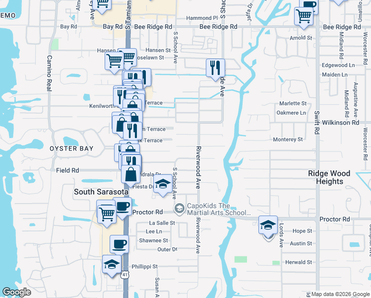 map of restaurants, bars, coffee shops, grocery stores, and more near 2226 Pine Terrace in Sarasota