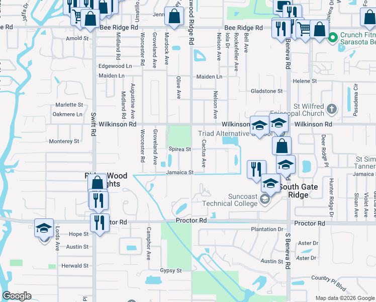map of restaurants, bars, coffee shops, grocery stores, and more near 4502 South Lockwood Ridge Road in Sarasota