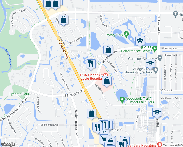 map of restaurants, bars, coffee shops, grocery stores, and more near 1531 Southeast Royal Green Circle in Port Saint Lucie