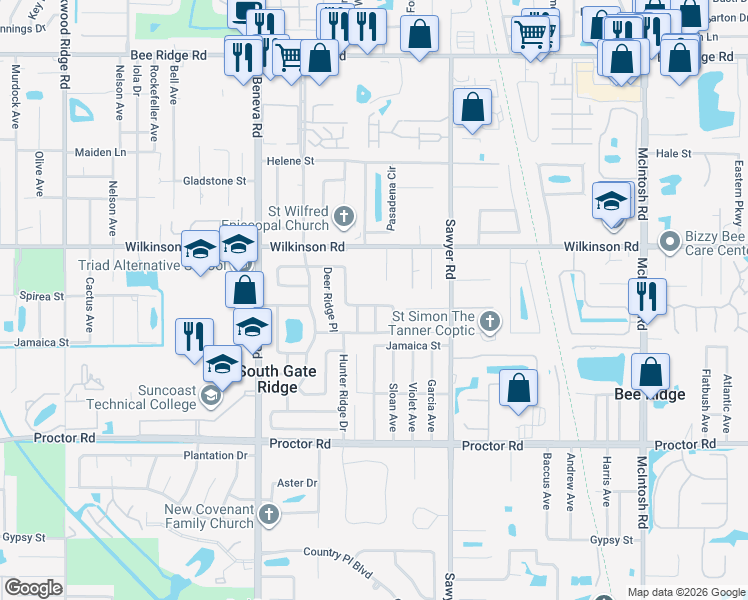 map of restaurants, bars, coffee shops, grocery stores, and more near 3829 Woodrow Ridge Street in Sarasota