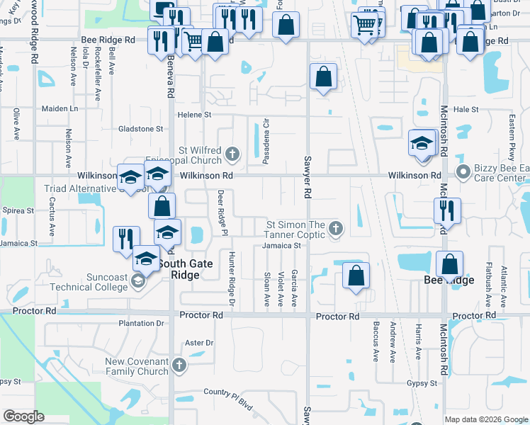 map of restaurants, bars, coffee shops, grocery stores, and more near 3829 Woodrow Ridge Street in Sarasota