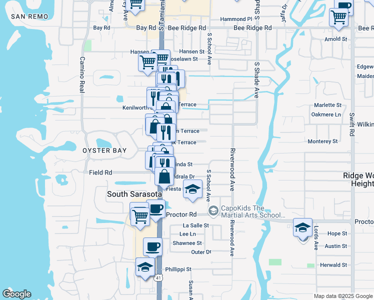 map of restaurants, bars, coffee shops, grocery stores, and more near 2107 Pine Terrace in Sarasota